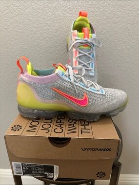Nike Women’s VaporMax Flyknit Sneakers - Gray with Neon Pink & Yellow-Green